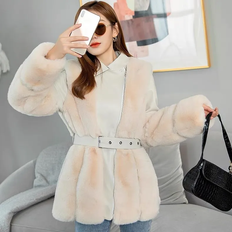 Women autumn and winter fur coat mid-length raccoon fur motorcycle clothing fashion korean imitation rex rabbit jacket