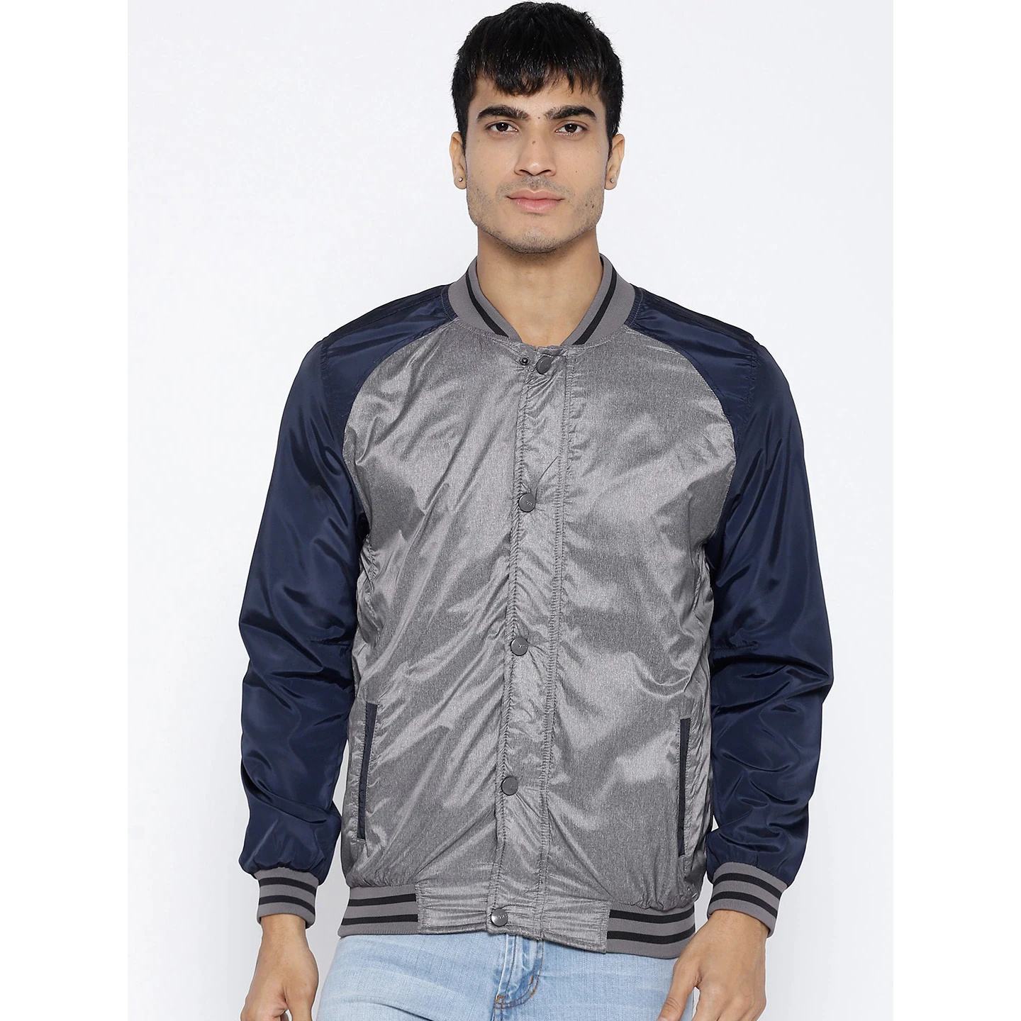 Custom Satin Bomber jacket Men Grey & Navy Solid VarsityJacket wool body baseball varsity jackets