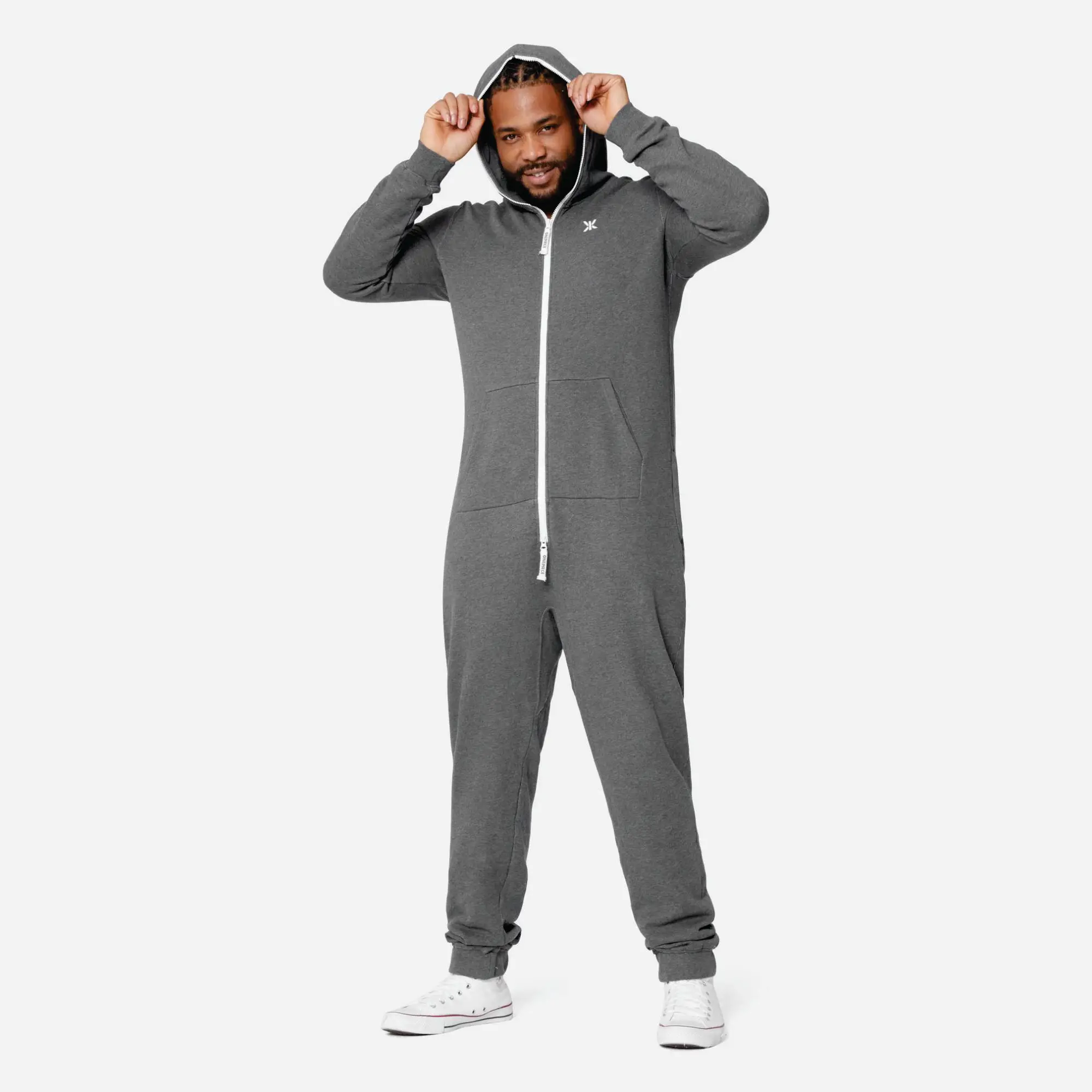 93% Cotton 7% Elastane One Way Zipper Opening Front Kangaroo Pocket Red Women Original Fitted Onesie Slim Jumpsuit