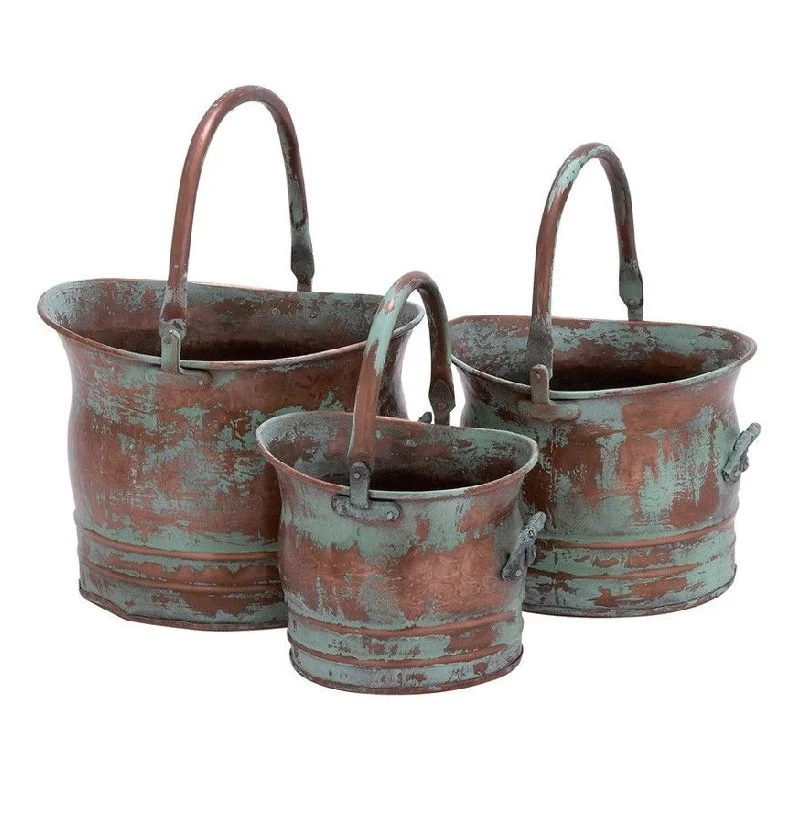 Antique Garden Decorative Metal Handles Galvanized Planter Garden Supplies Plant Standing Pot set of 3