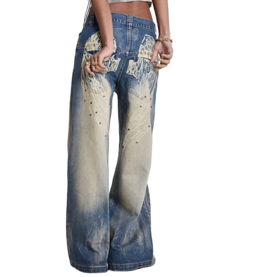 New Arrival Wholesale Custom Women High-Rise Wide Leg Baggy Blue Ethereal Colossus  Jeans For Women