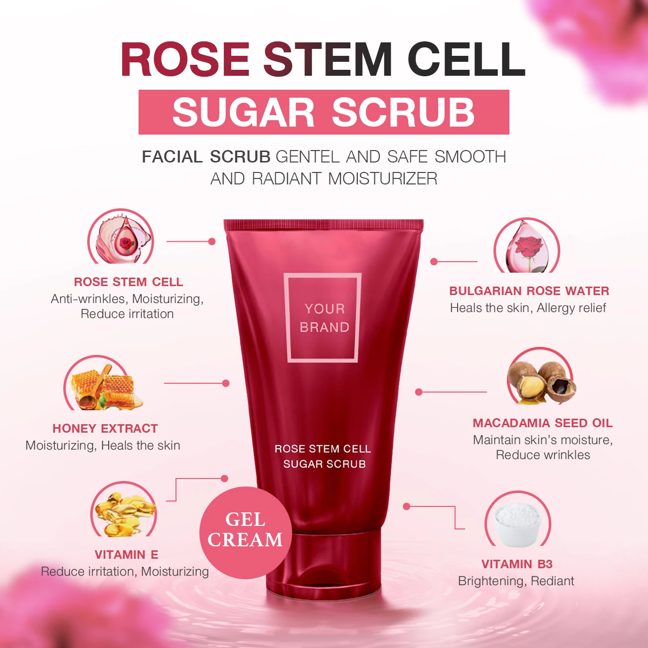 OEM Facial Care Rose Stem Cell Sugar Scrub with Vitamin E Safe Smooth Radiant Moisturizer Anti-wrinkles from Thailand