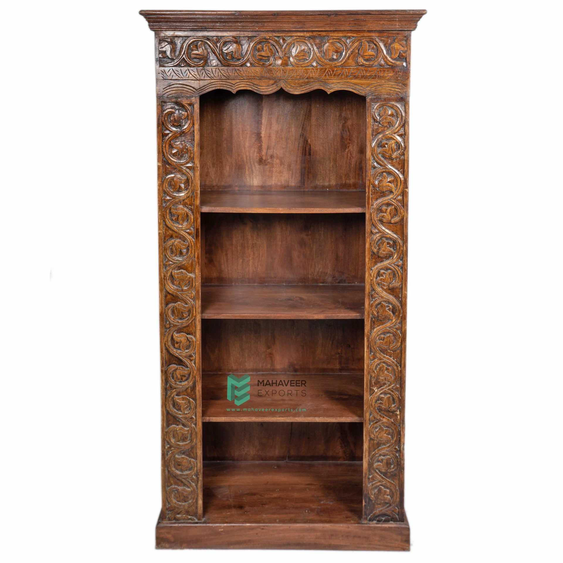 Dark Brown Finish Wooden Two Door Half Open Bookshelf Hand Carved Antique Design Furniture For Living Room / Bedroom
