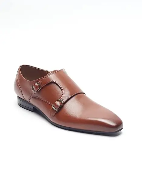 High Quality  TAN brown cow hide Leather Double monk strap derby model classic men shoes with TPR sole