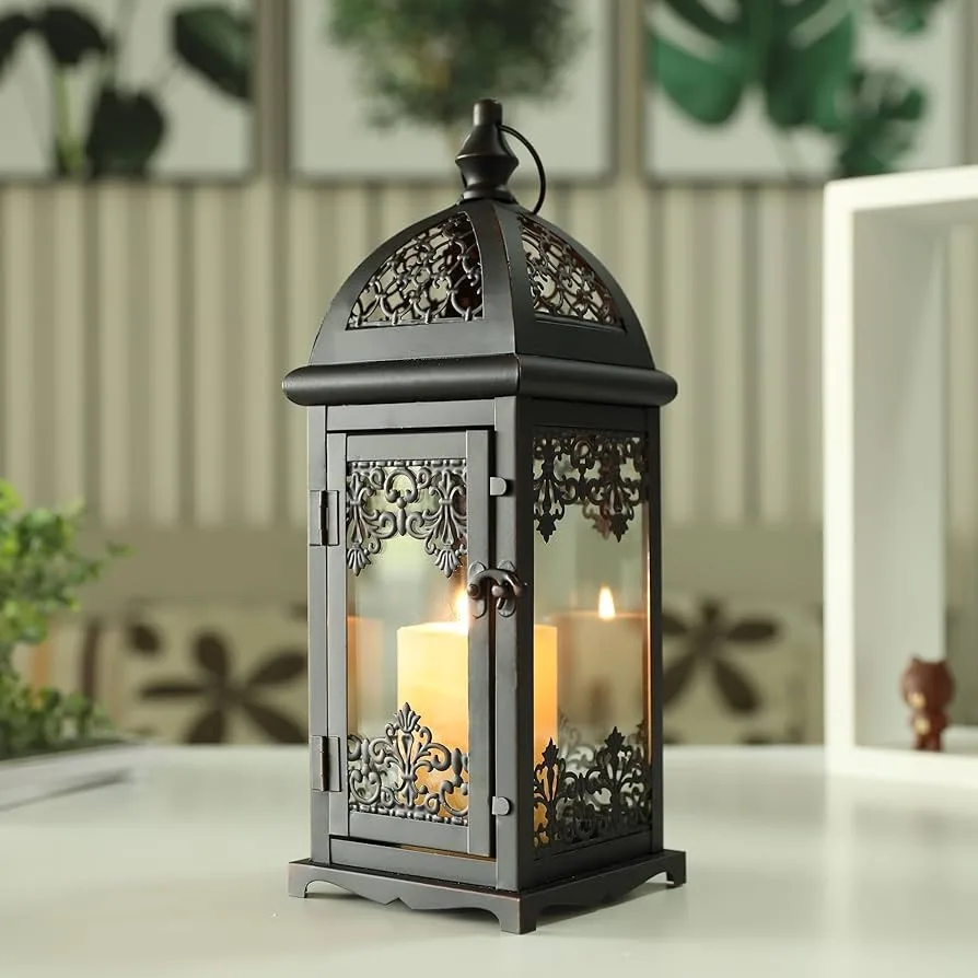 Solid Iron Made Moroccan Lantern with Blue Fitted Glass and Black antique Plated Candle Holder for Home Decoration