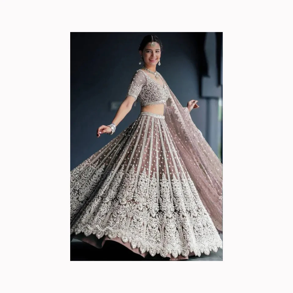 beautiful embroidery on bridal lehenga style saree with dupatta with embellished crystal glass beads dabka work for Wedding