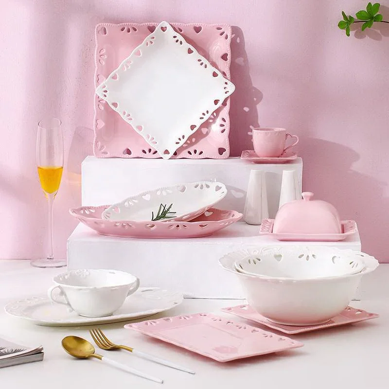 Wedding Factory Direct French Hollow-out Dinner Set Square White Porcelain Dinnerware Sets Pink Ceramic Plates Sets
