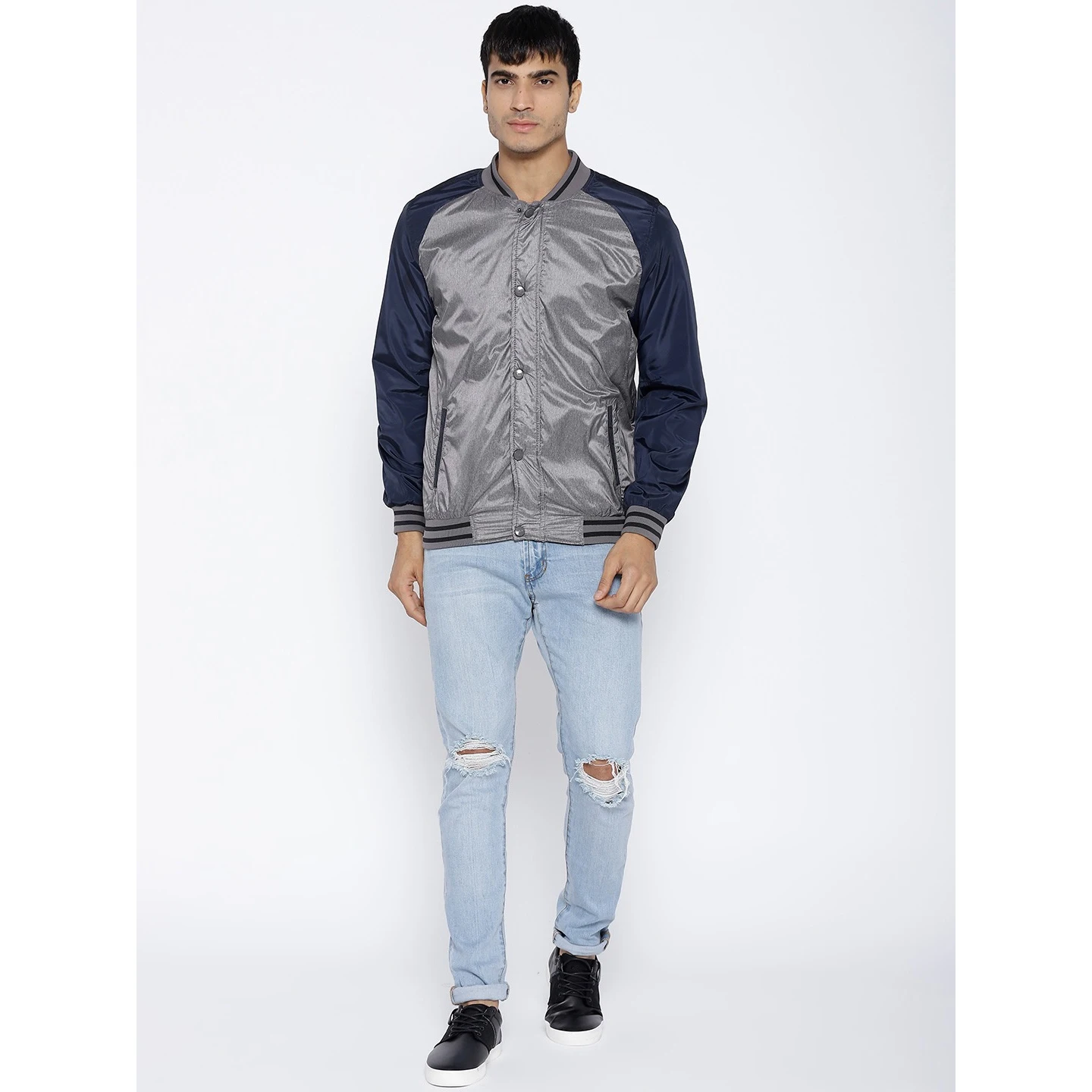 Custom Satin Bomber jacket Men Grey & Navy Solid VarsityJacket wool body baseball varsity jackets