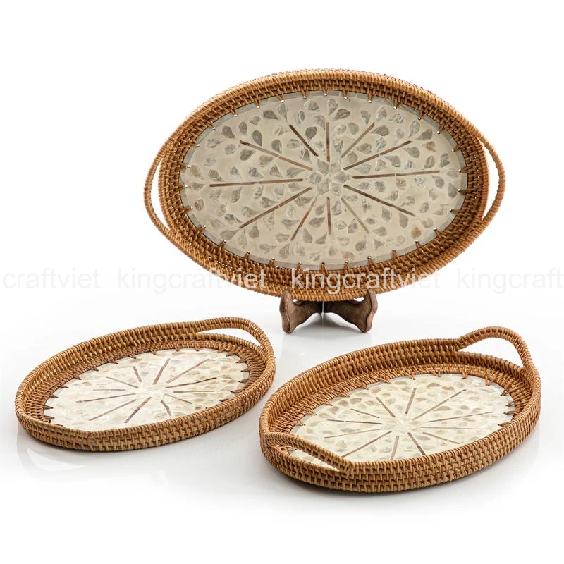 New Rattan Tray Mix Ceramic Wholesale Decorative Tray Mother of Pearl Food Storage Tray with Cheap Price from King Craft Viet