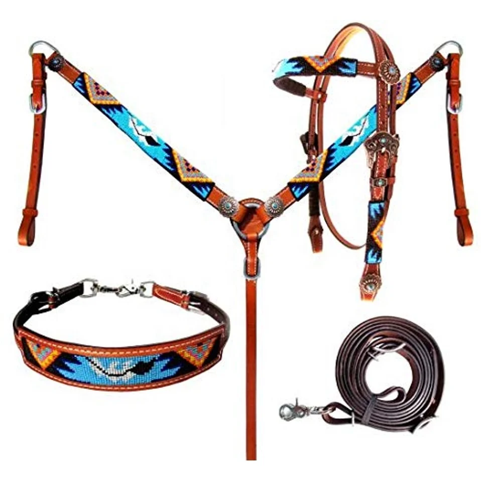New Design Western Bridle western tack show Genuine Cowhide Leather Beaded Headstall And Breast Collar Set Design Manufacturer