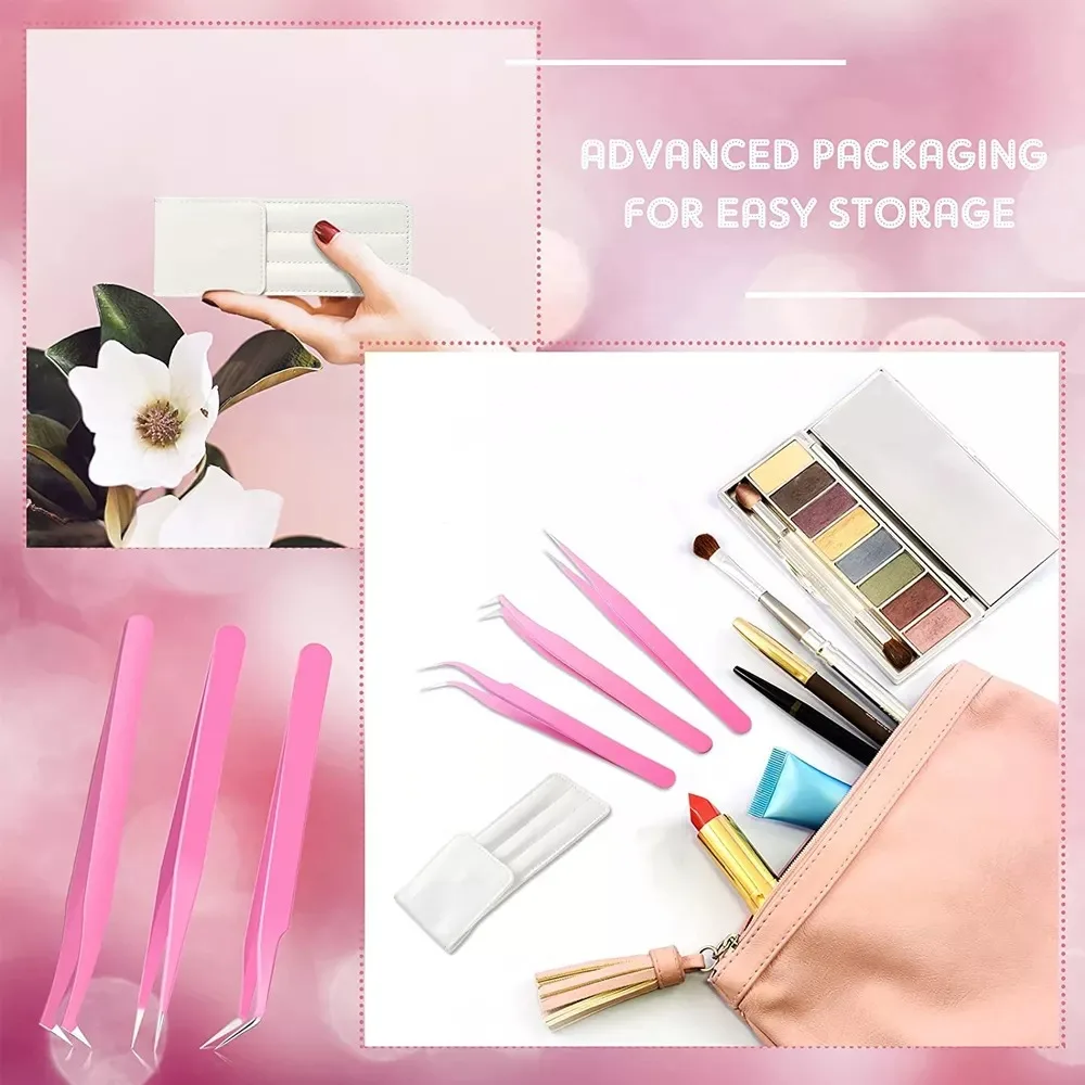 3 Pieces Lashes Tweezers Set Stainless Steel Curvy Tweezers Curved Lash Extension Tweezers Wholesale Customized