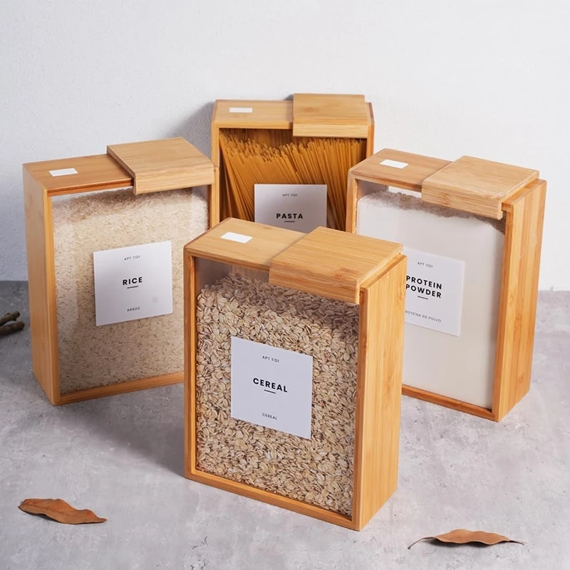 Kitchen Serving Storage Container with Airtight Wooden Lids, Cereal Dispenser Jars for Spaghetti Pasta, Powder, Spice, Tea