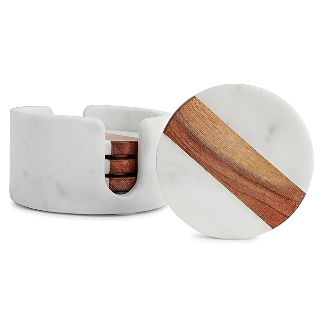 Natural White Marble with Acacia Wood Stone Coasters Elegant Durable Combination for Stylish Home Best for Drinks and Gifts