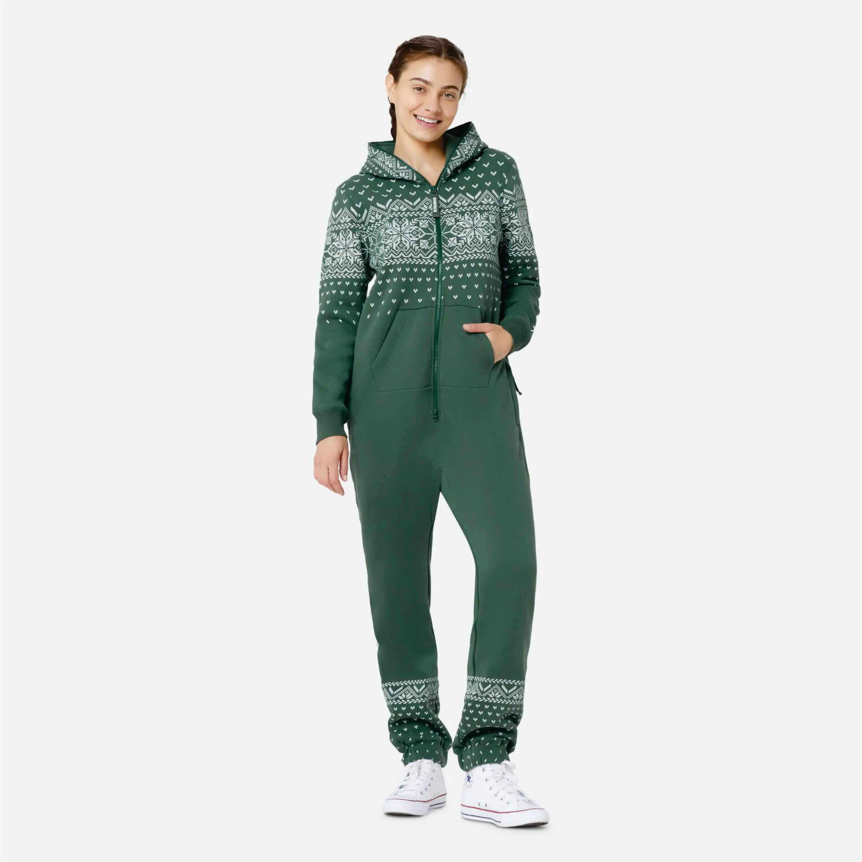 Print Detail and Embroidered Logo 50% Polyester 50% Cotton Side Pockets with Zipper Closure Unisex Green Alpine Jumpsuit