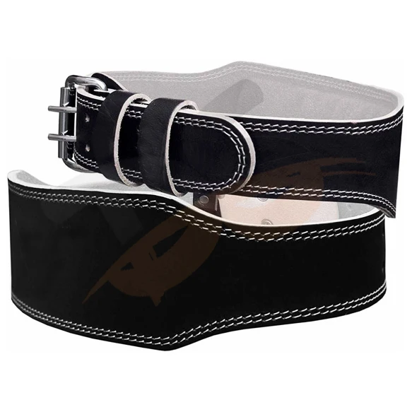 Leather Contoured Mens Weightlifting Belt with Suede Lining and Steel Roller Buckle