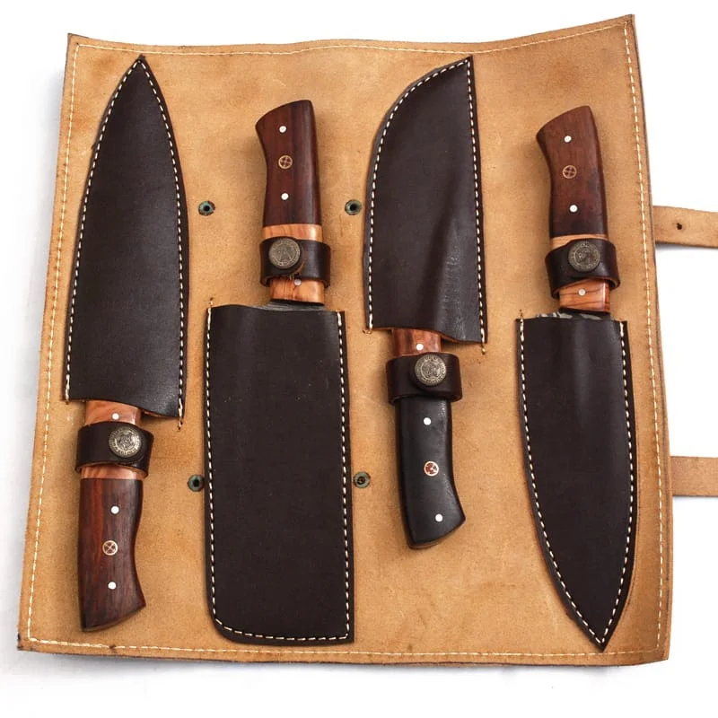 Handmade Damascus Steel Chef Knife Set with Rosewood Olivewood Handles Includes Leather Roll