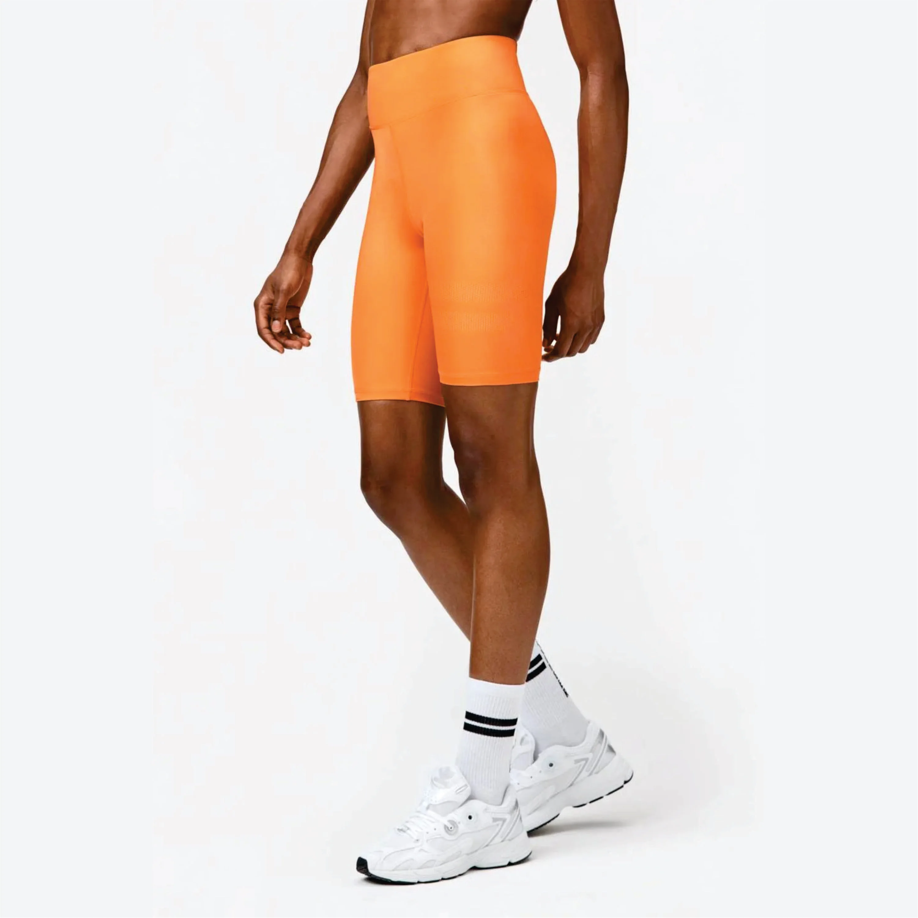 High Waist Squat Proof Pocket at back Shiny Fabric 85% Polyamide 15% Elastane Sun Orange Bike Shorts