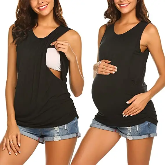 Womens Maternity Nursing Tank Top Breastfeeding Tee Shirt Double Layer Sleeveless Pregnancy Shirt