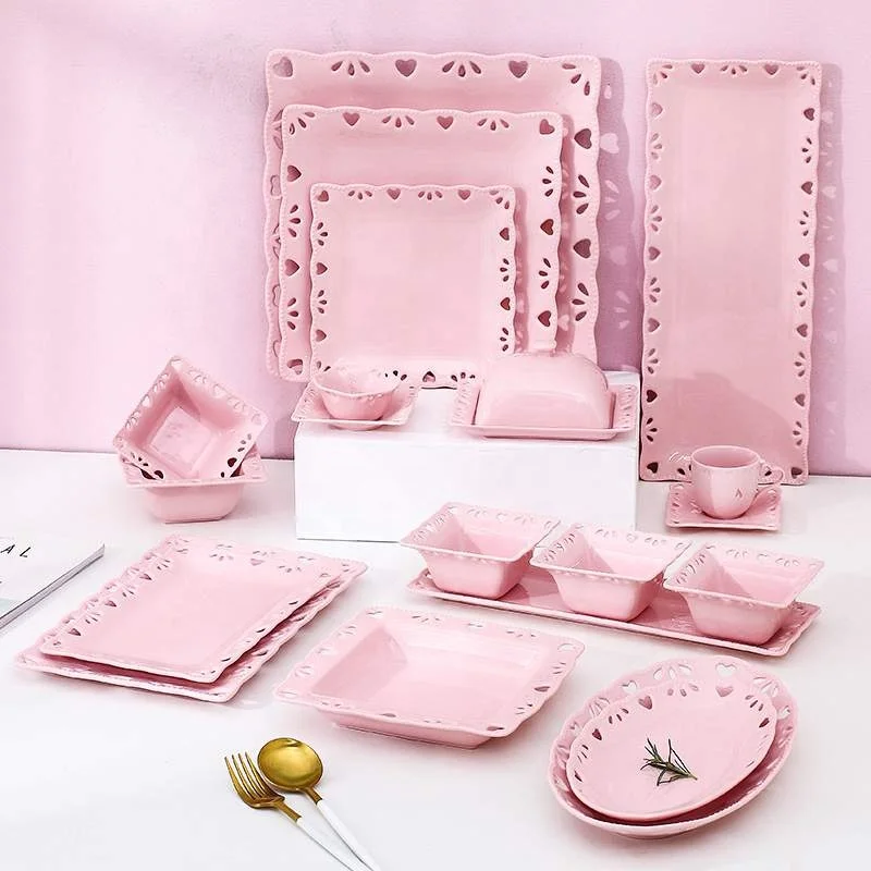 Wedding Factory Direct French Hollow-out Dinner Set Square White Porcelain Dinnerware Sets Pink Ceramic Plates Sets