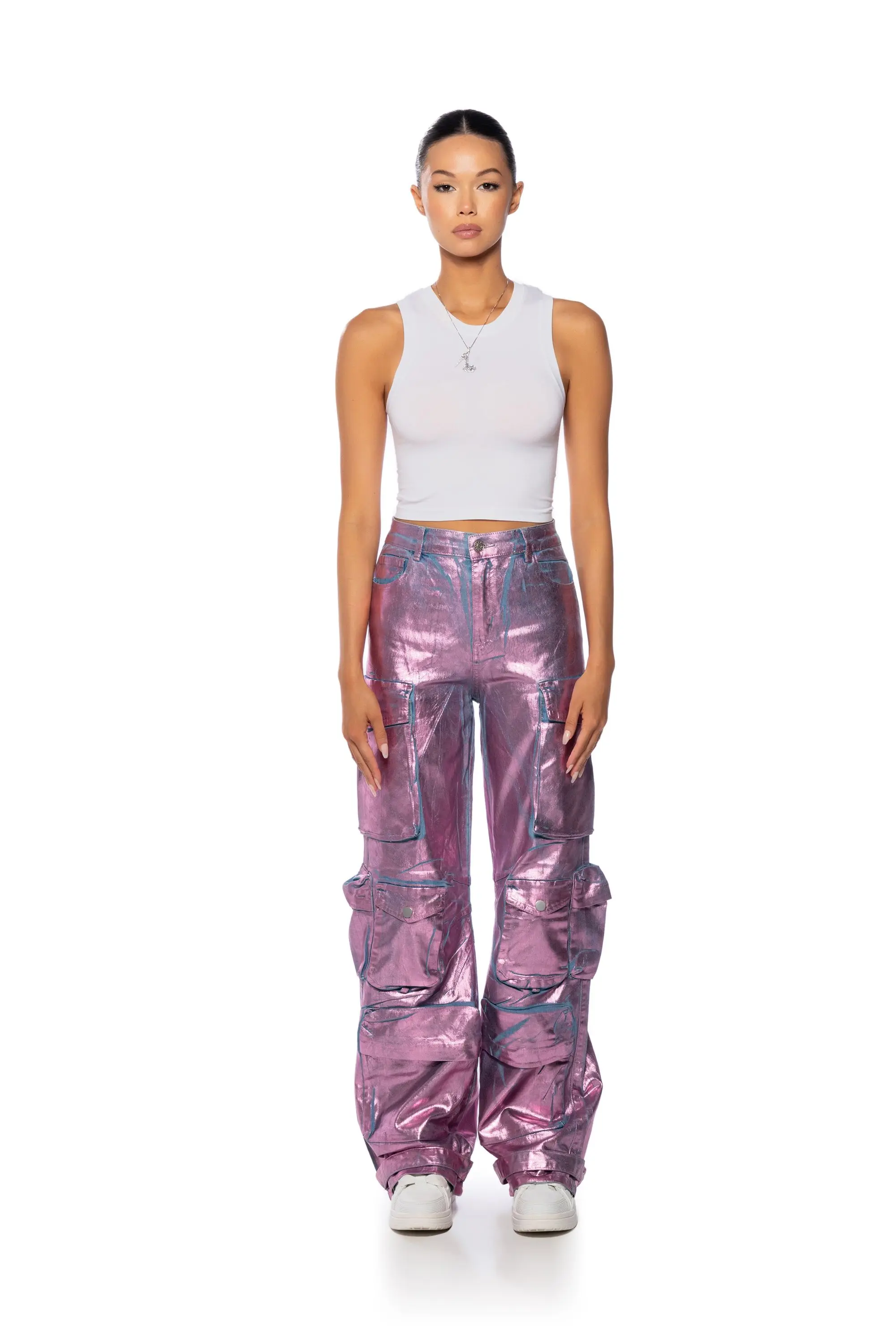 LA ISLA METALLIC CARGO JEANS IN PINK High Waisted Flap Pocket Cargo Jeans  Baggy Boyfriend Trousers pants for women