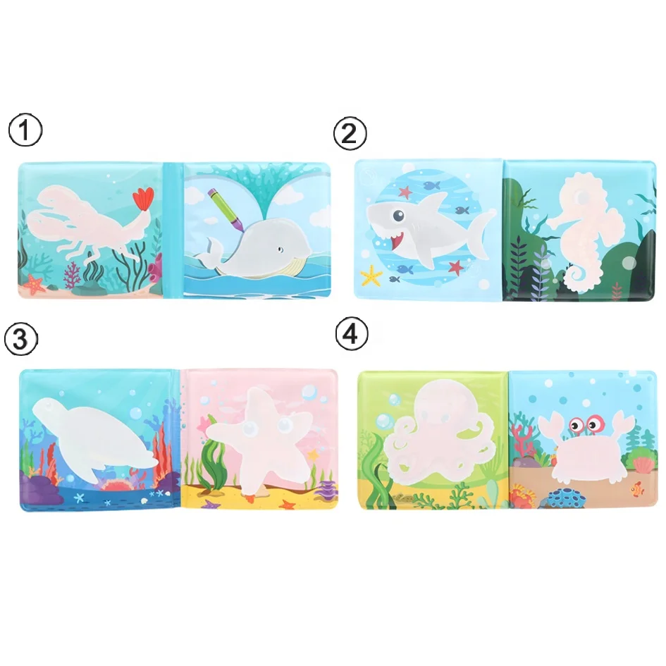 Waterproof baby bath book bathing play toy magic books change color in water with soft glue marine animal press the pinch sound