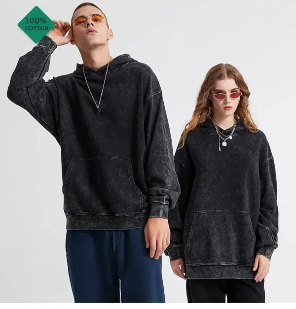 Oem Designer Brand Streetwear Heavy Washed Grey Hoodie Acid Wash Oversized Hoodie Vintage Men Heavyweight French Terry Hoodie