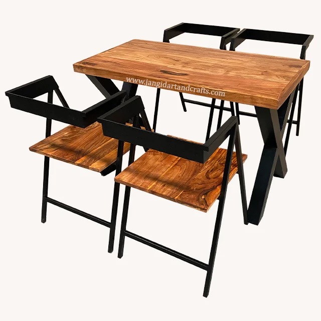 Made In India Superior Quality Modern Wholesale Solid Wood Top Iron Legs Round Rectangle Dining Table with 4 Chair Set for Sale