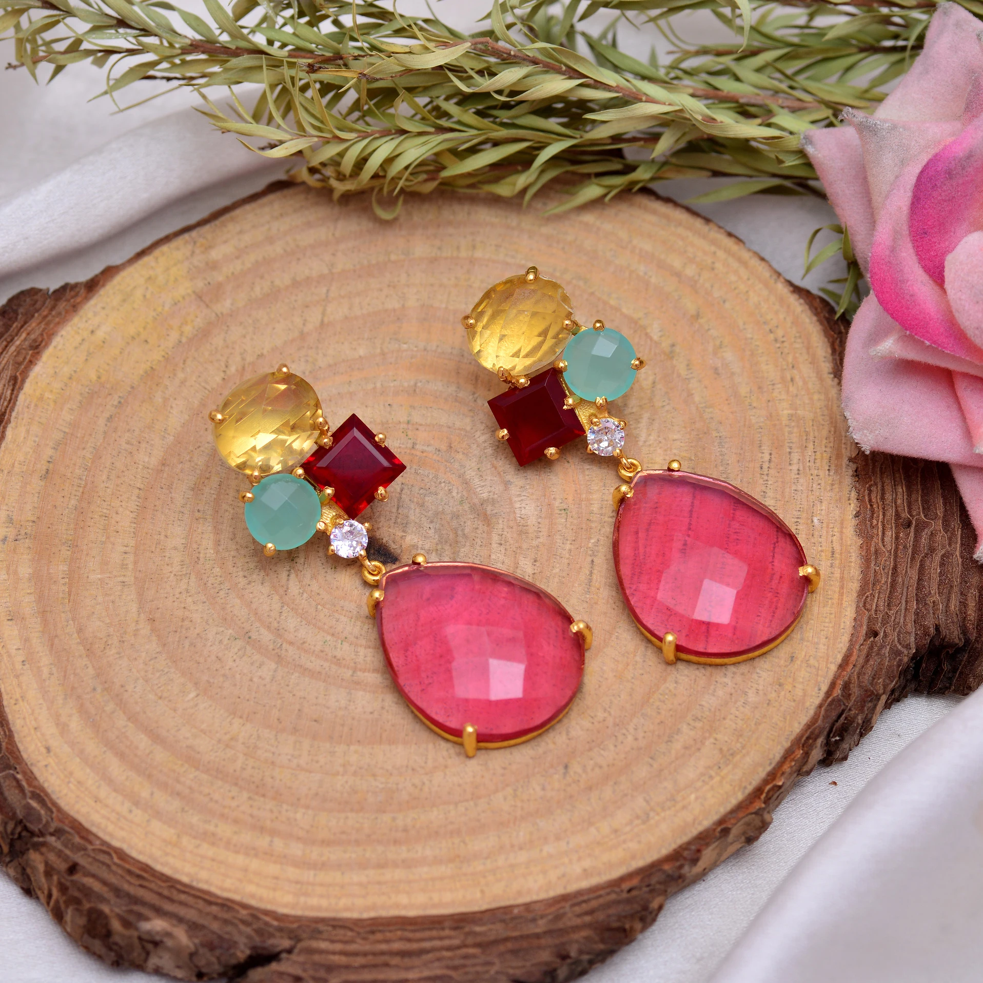 Bohemia Retro Natural Lemon Garnet Aqua Chalcedony Pink Tourmaline Gemstone Vintage 925 Sterling Silver Gold Plated Earrings