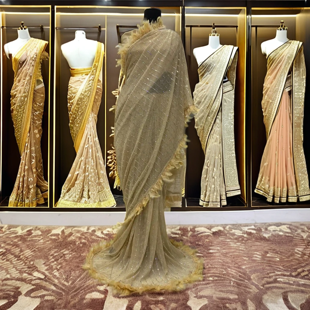 Elegant Imported Jari Lycra Fabric Saree Bangry Silk Blouse Casual Style Feather Lace Border Special Occasions Indian Pakistani