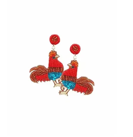 Handmade Jewelry Design New Red Chicken Farm Bird Seed Beaded Shiny Embroidery Earring fashion wholesale Women Custom Statement