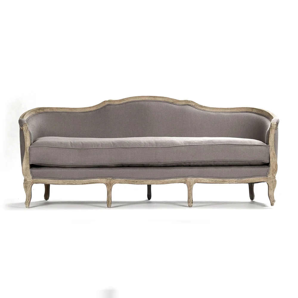 American Rustic Oak Wood Frame Linen Upholstered 3 Seater Sofa Vintage French Country Sofa Set for Living Room