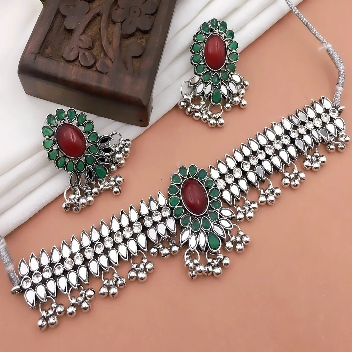 Indian Oxidized Jewellery Choker Necklace Traditional Jewellery Wedding Wear  and Bell Charms Dangle Earring For Women, Silver