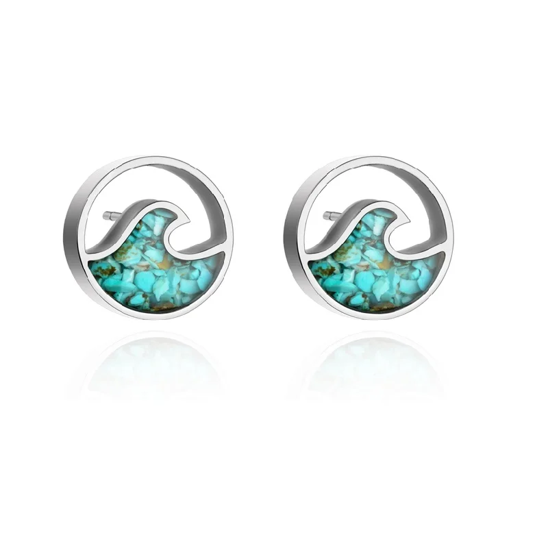 Small Round Stainless Steel Hollow Wave Turquoise Charms Earrings Western Turquoise Studs Earrings