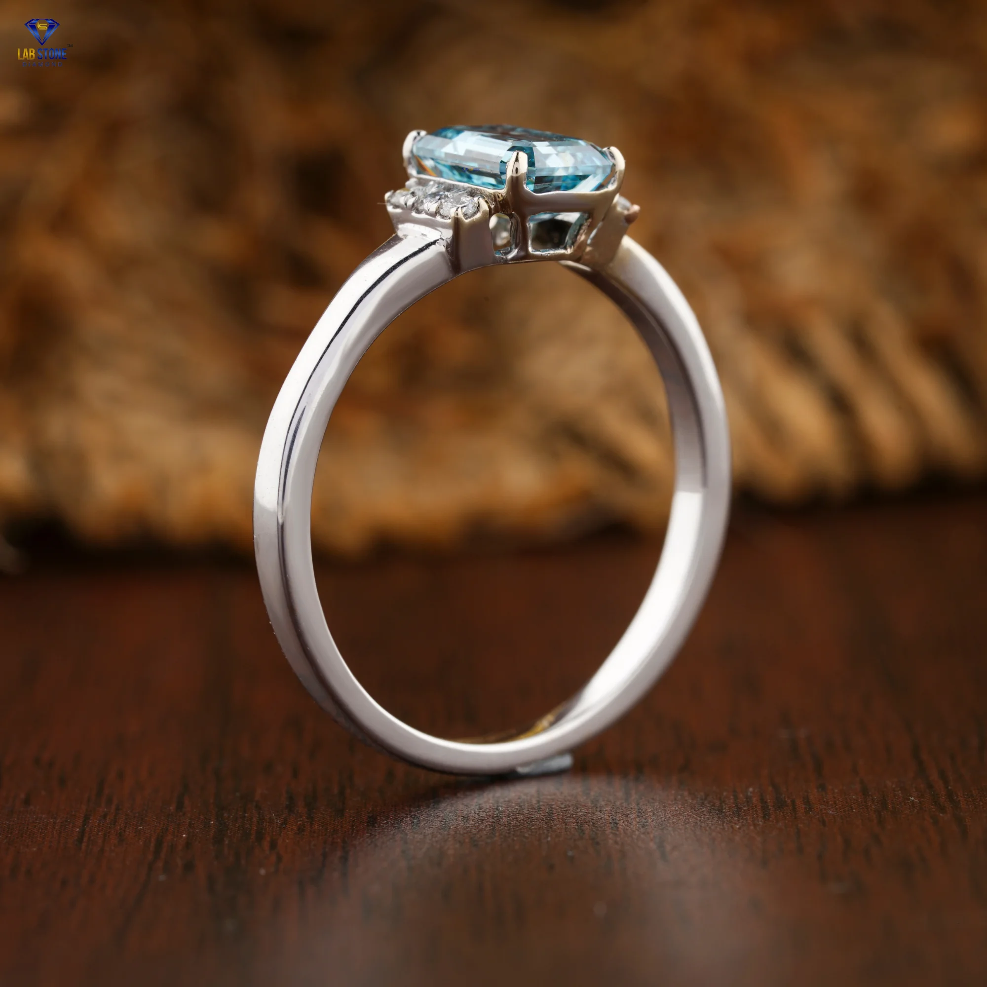 1.06 TDW Fancy Blue Emerald & Round Cut Diamond Ring  White Gold  Cluster Setting  Cvd/hpht Diamond  Lab Stone
