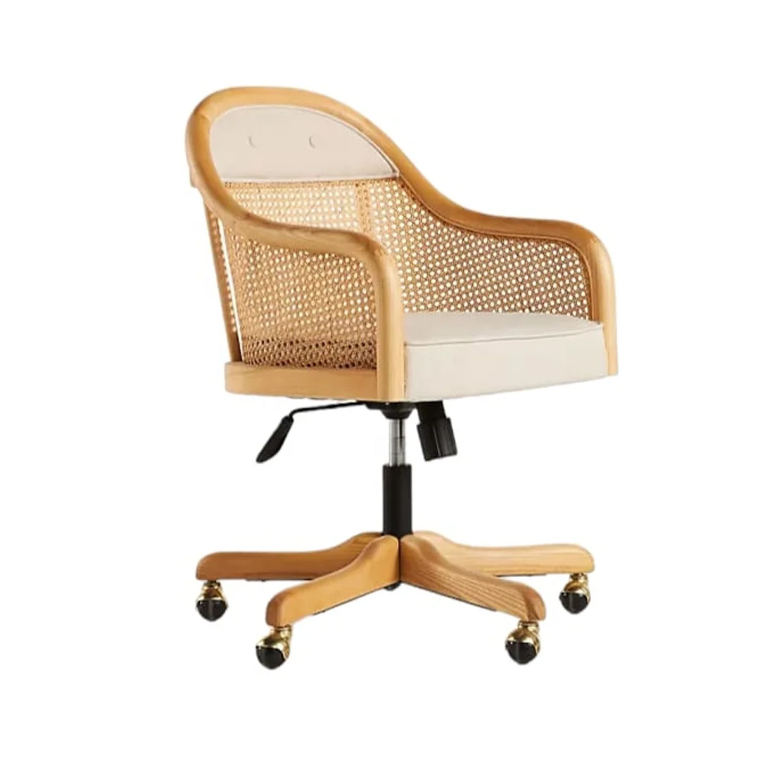 Office Chair Modern Desk Style Teak Wood Natural Finish With Rattan