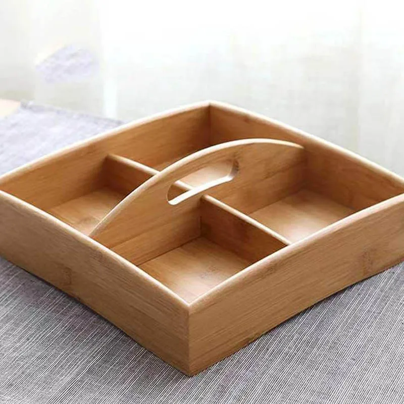 Solid Wood Four Gong Lattice Dried Fruit Snack Tray Portable Bamboo Fruit Tray Candy Nut Storage Box