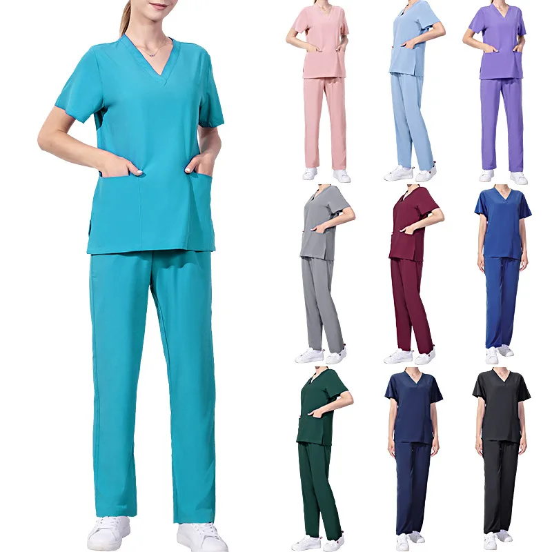 Classic custom logo Scrubs Uniforms Sets Anti Wrinkle Beauty Medical Uniform V Neck Tops Scrub Suit Nursing Scrubs for Women