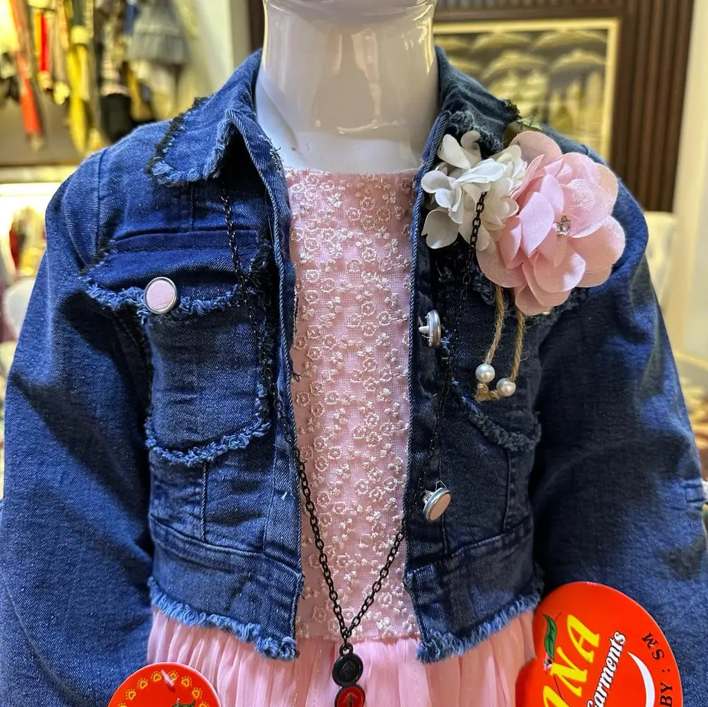 Kids new 2024 fashion frock wth denim jacket latest party wear baby dress with handbag