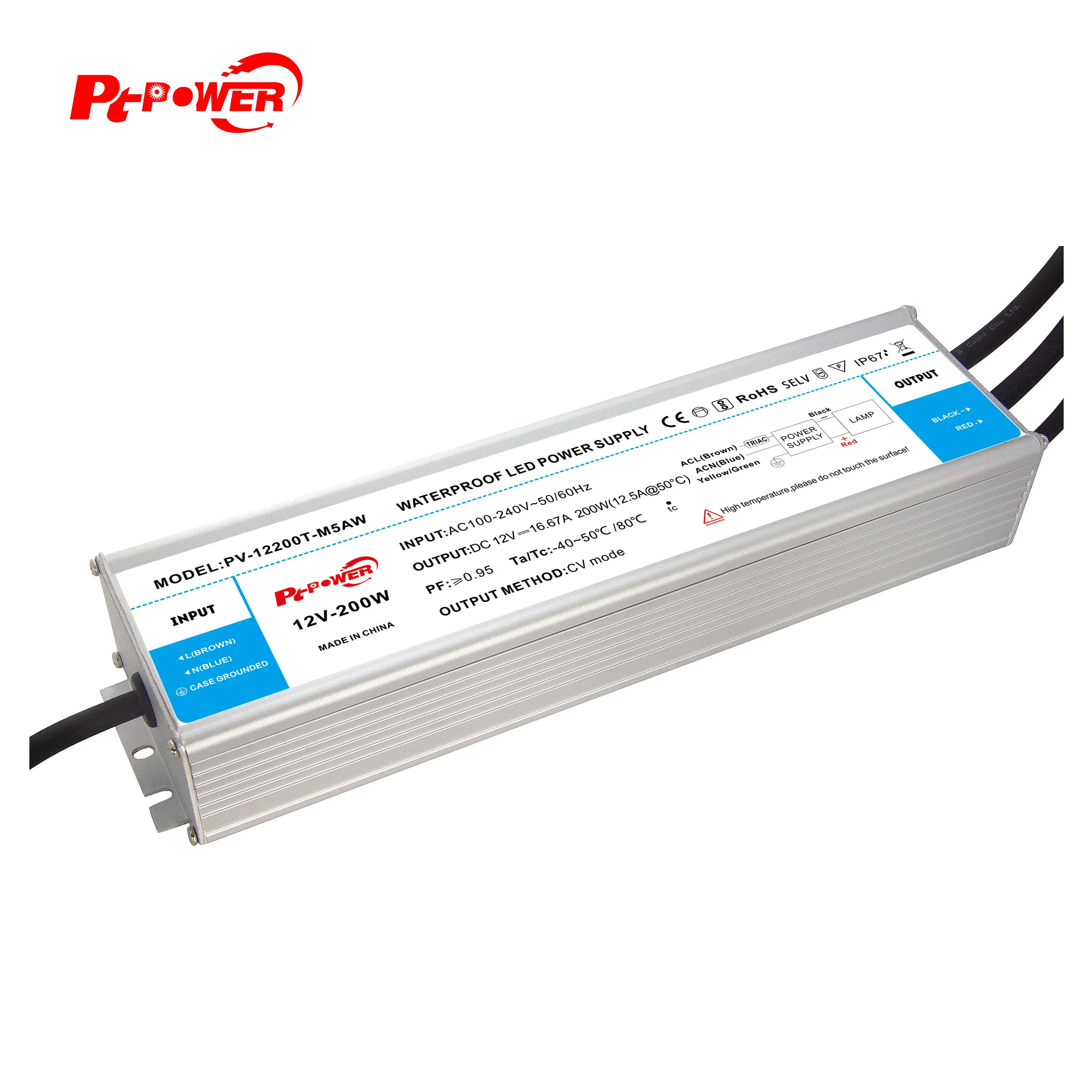 Waterproof IP67 Triac Dimming 200w 12v 24v Constant Voltage 100-240VAC CE CB Listed Dimmable LED Driver