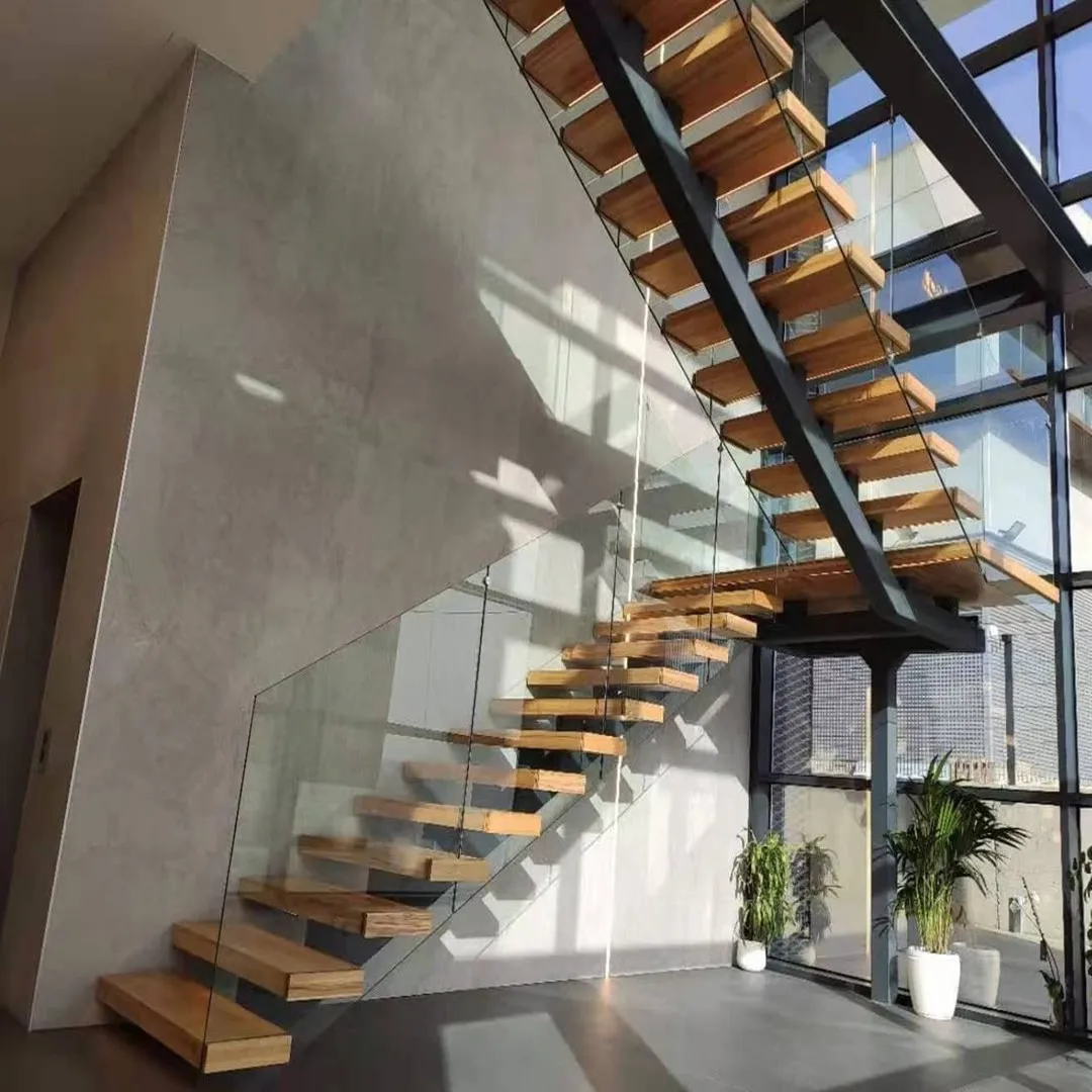 Modern LED wooden stairs stringer staircase wood treads stairs with glass