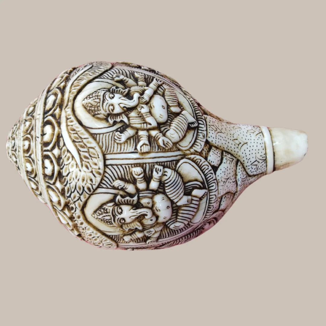 Panchamukhi Ganesh Carved Conch Shell Decor Handicraft Ivory Religious Buddhist Art Raw Technique with Animal and Cross Style