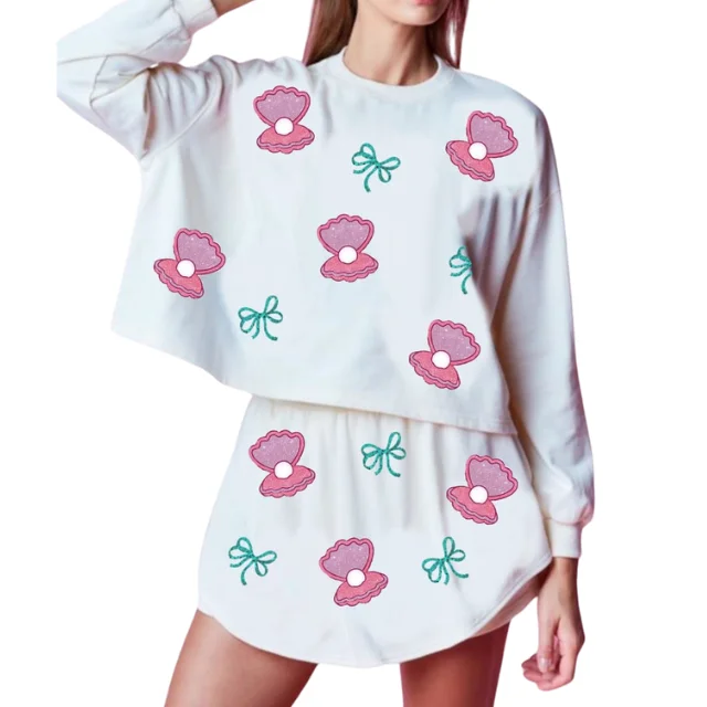 Oyster Crawfish Boil Theme 2 Piece Full sleeves Sweatshirt & Skort Sets Custom Sequin Handwork Set for women