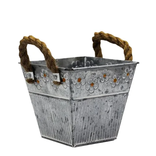 Galvanized Houseware Zinc Bucket Rope Handle Metal Planter Bucket Flower Pot Planter Pots Galvanized Metal Plant Bucket