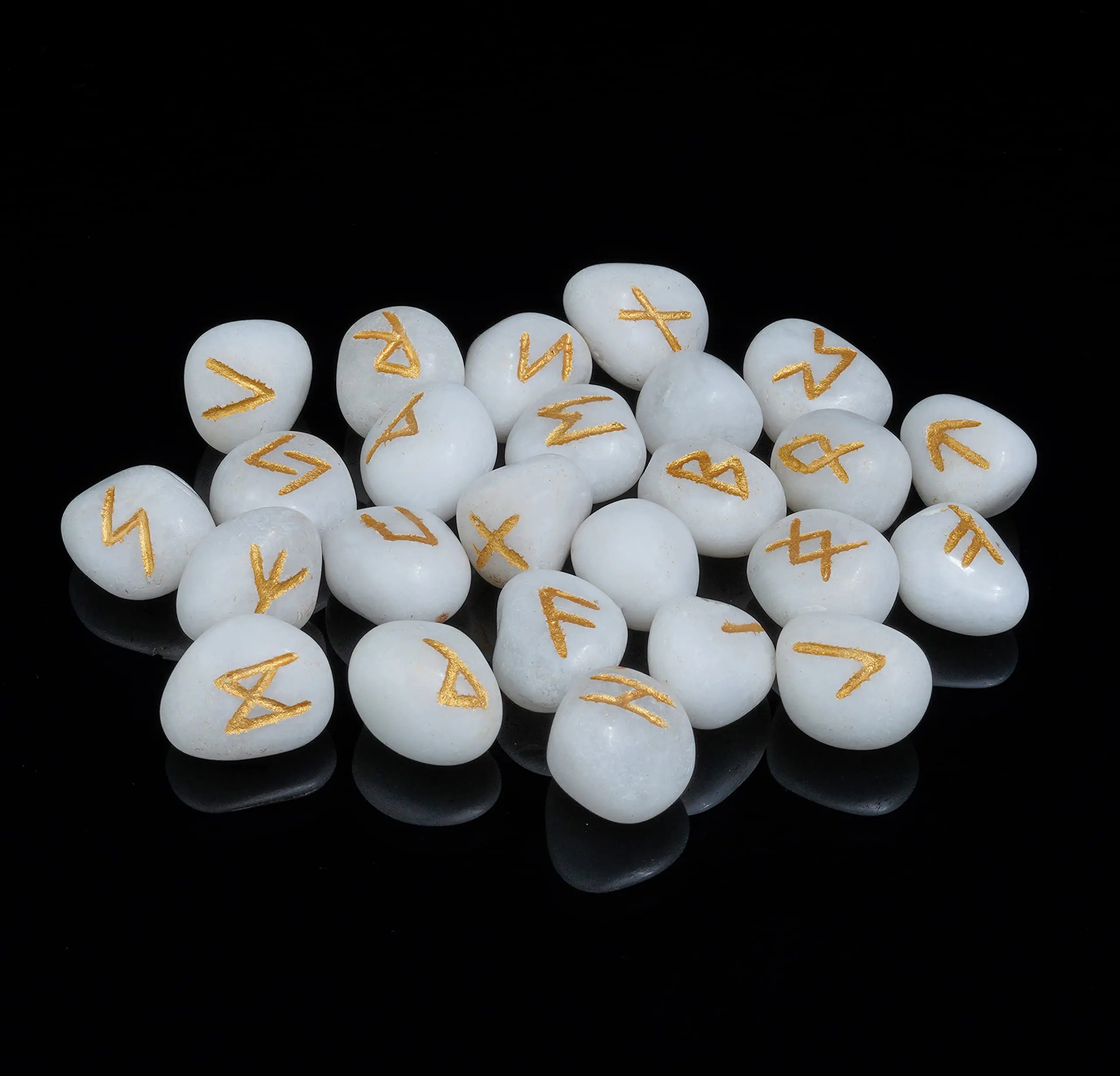 Natural Stone Crystal White Agate Engraved Carved Reiki Rune Set 25 Piece Engraved Tumble White Agate Gemstone  Crystal Rune Set