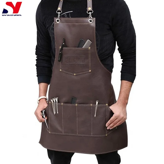 New Collection Brown Barber Leather Apron High Quality Salon Apron With Tool Pockets