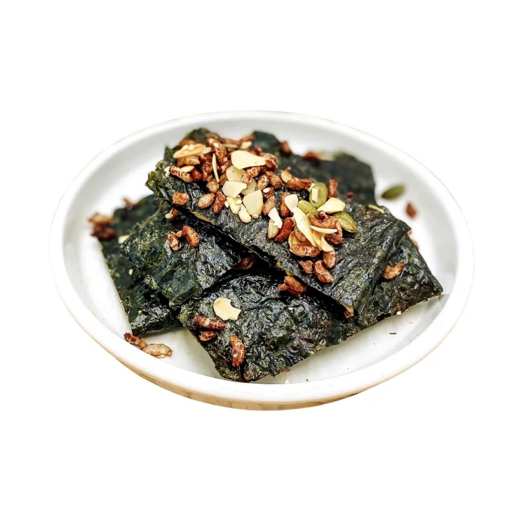 Оптовая продажа, закуски из морских водорослей с жареными миндальными орехами, смешанными орехами и коричневым рисом, по хорошей цене, здоровые Зерновые закуски, водоросли