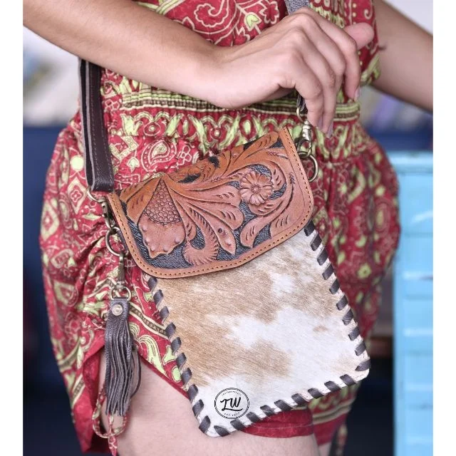 LW Leather Tooling And Faring  Cross Body Bag Mini Tan Hide Leather Whip Stitch Cross Body Bag Leather Hand Carved Cross Body