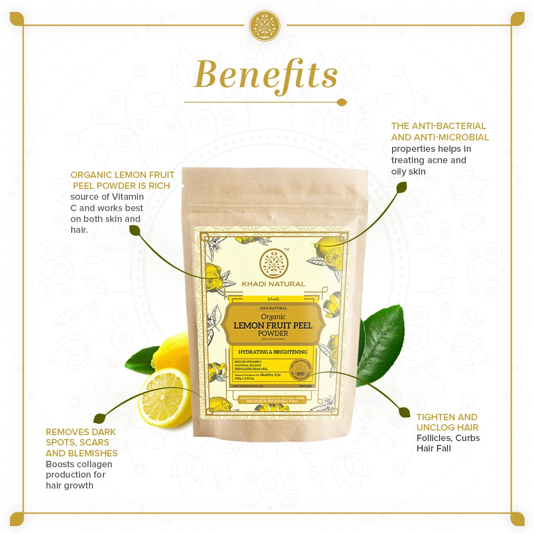 Khadi Natural Lemon Fruit Peel Organic Powder 100% Natural - Pack of 100ml helps in treating acne and oily skin