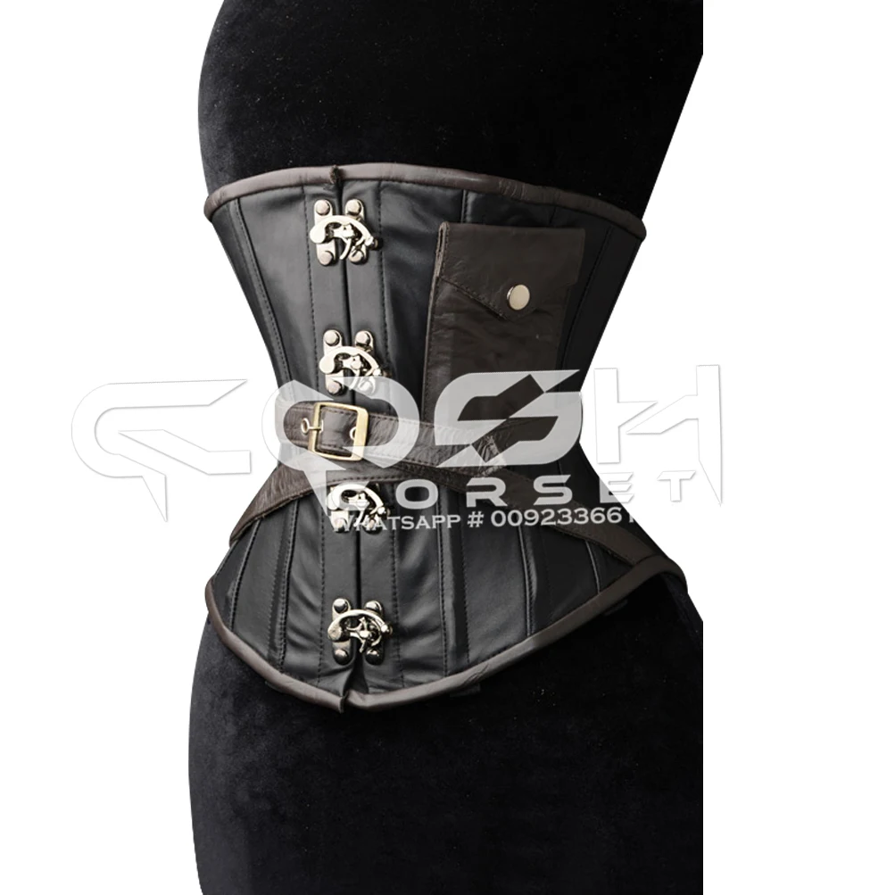 COSH CORSETS Underbust Steel Boned Gothic Hand Made Leather Corset With Swing Clasp Closure and Adjustable Waist Strap