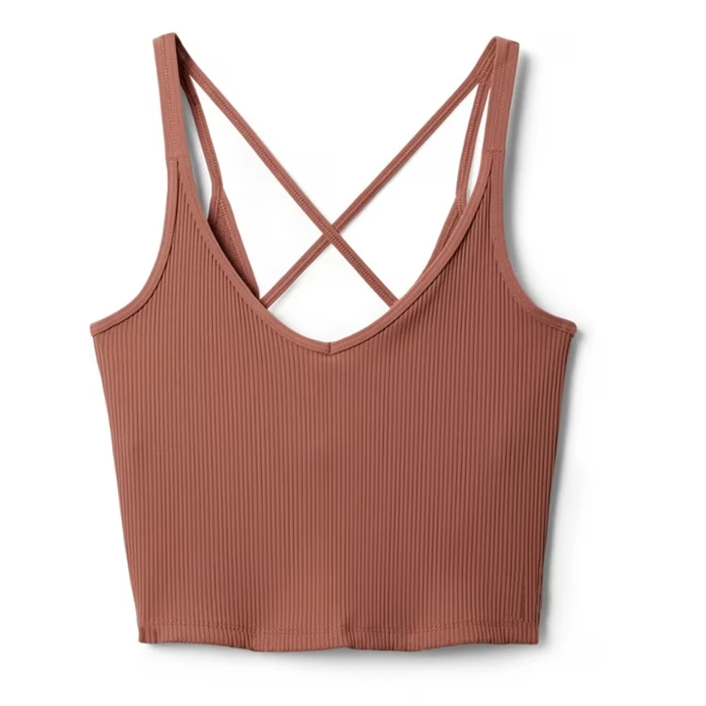 Integrated Bra Honeycomb Mesh Lining Performance Stretch Long Sleeve Rib-Knit Fabric Tank Top Light Support Cross-Strap Design